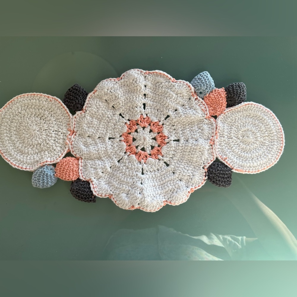 Hand crochet table runner tea service baby's room dresser gift white & peach 🍑